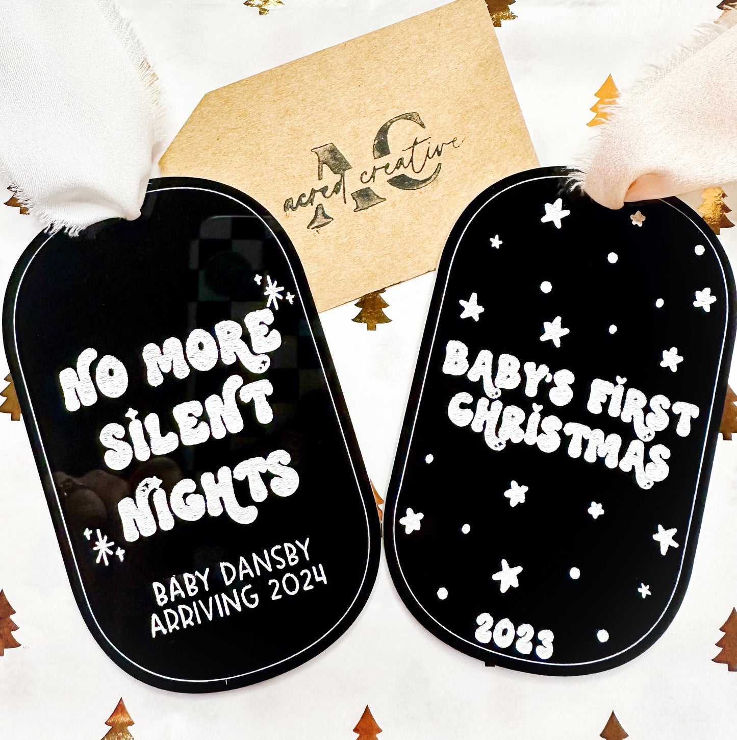 "No More Silent Nights" & "Baby's First Christmas" Black & White Ornaments